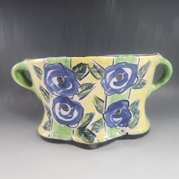 Posey Bacopoulos Vase Planter Studio Pottery OOAK Signed Yellow Floral Rustic - Picture 1 of 7